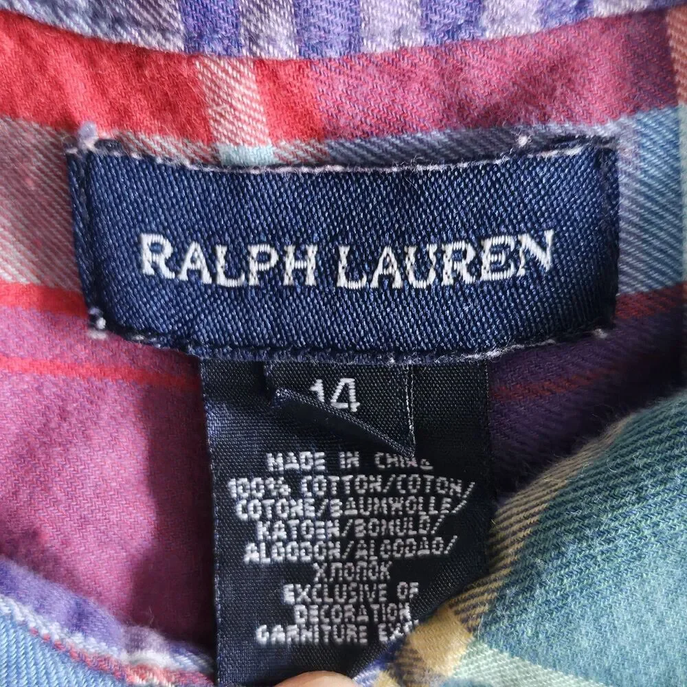 Ralph Lauren Plaid Pintuck Button Up Shirt Multicolor Madras Roll Tab Girls 14